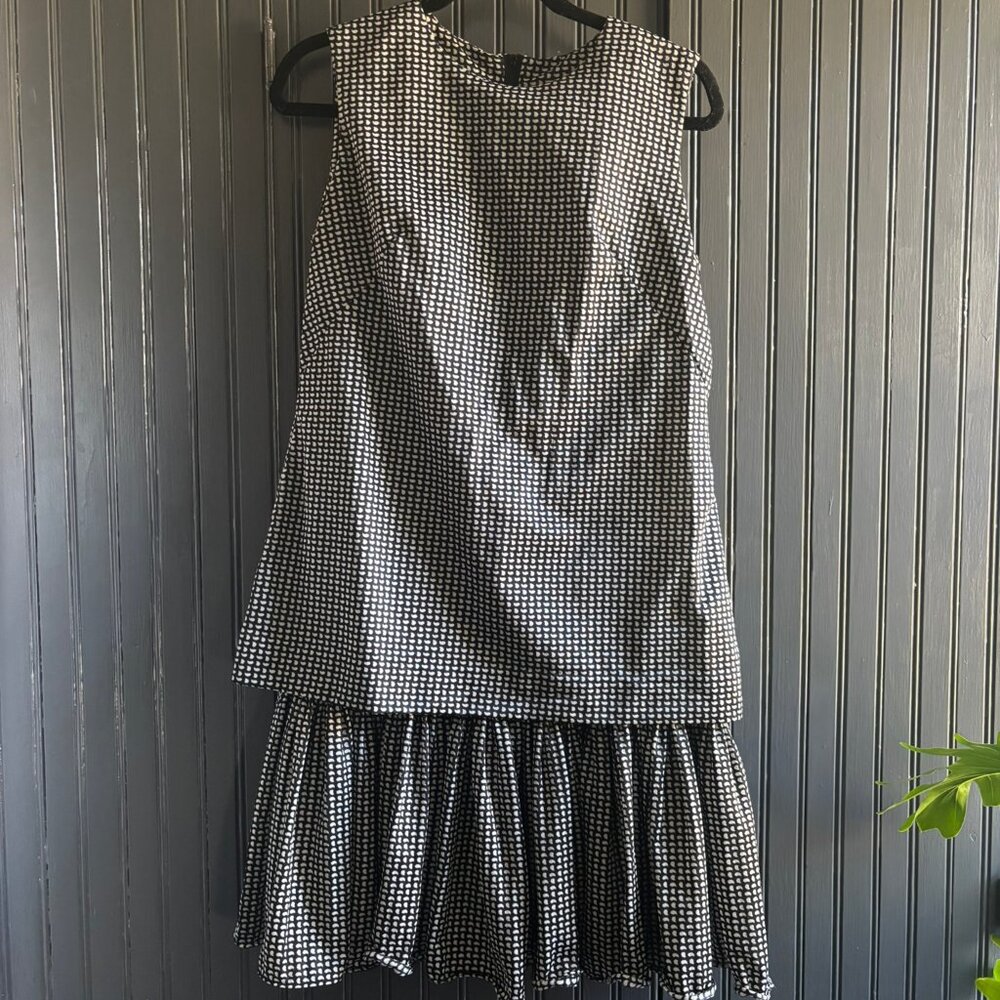 VINTAGE 1960s Handmade Mod Drop Waist Dress | black and white Print | XS/S